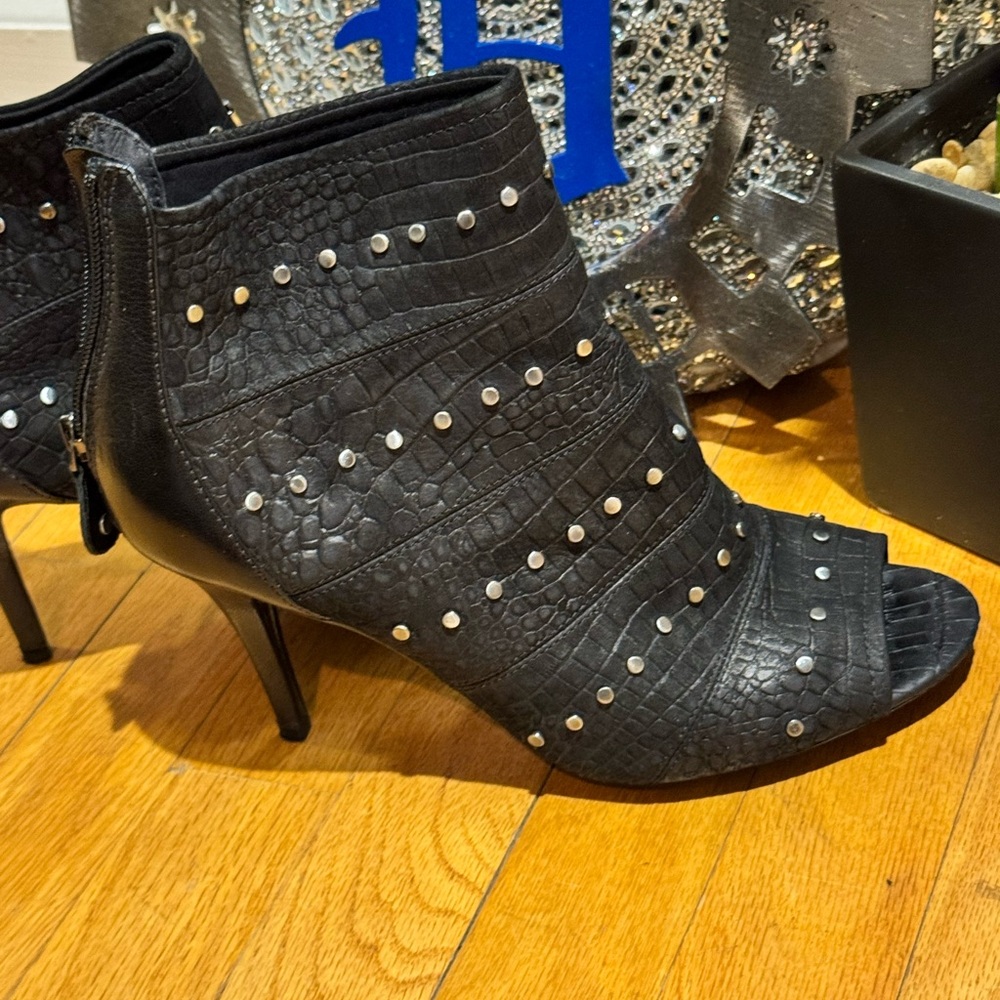 Black Studded Heeled Peep Toe Boots - Picture 3 of 4